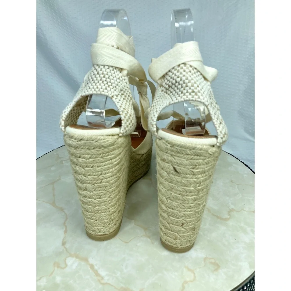 Polo Ralph Lauren Canvas Lace Up Espadrille Wedge Sandals Womens Sz 9 Ivory NWT